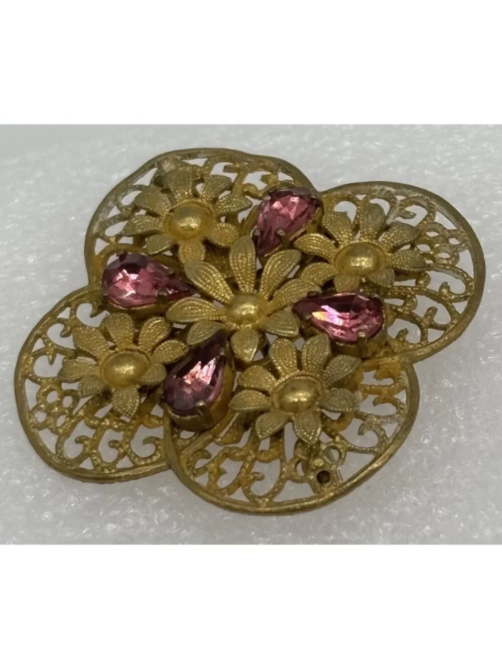 Vintage Czech Filigree Brooch Gold Tone Teardrop Pink Rhinestones Trombone Clasp